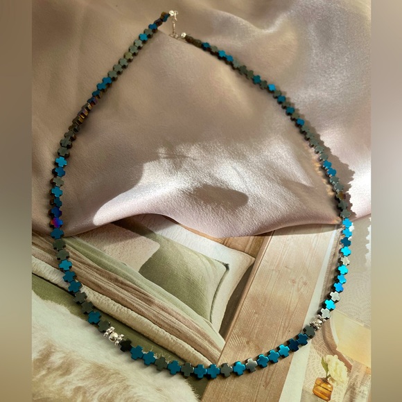 Blue Hematite bead necklace in 925 sterling silver accentuated with silver beads